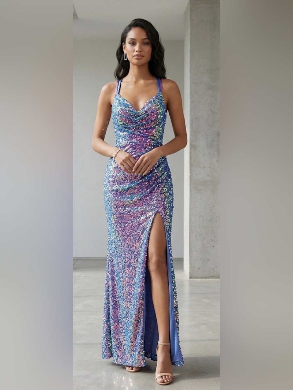 Betsy Adam prom Strappy Iridescent Sequin Evening Gown Blue/Purple party wedding